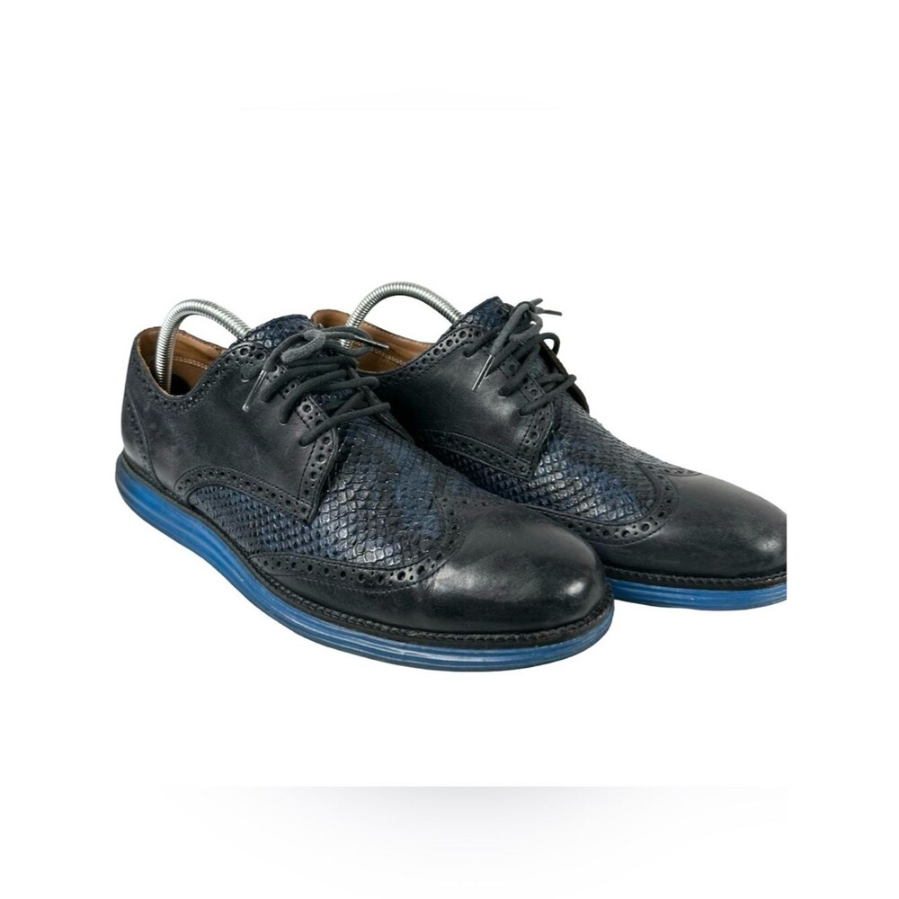 Cole Haan Lunarlon Blue Leather Snakeskin Wingtip Oxford Dress Shoes 10M